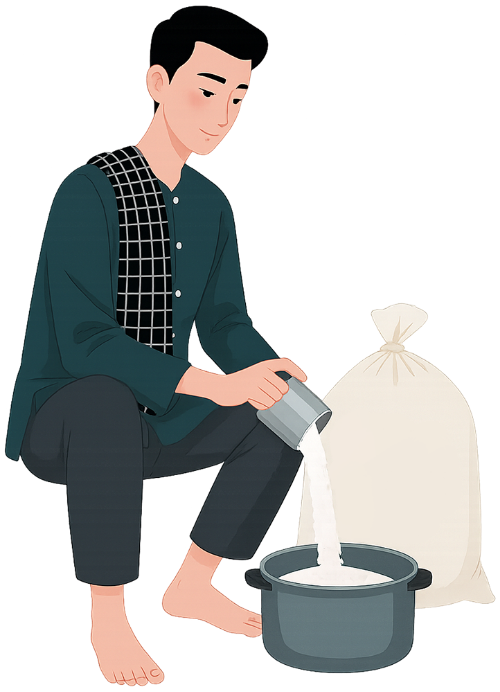Chàng trai, đong gạo, đàn ông, bao gạo, lon, young man, scooping rice, man, rice bag, can