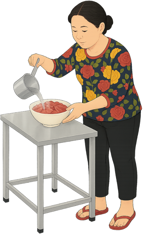 Bà cô, nấu thịt bò, phụ nữ, nước sôi, vá múc canh, bò tái, bát, aunt, cooking beef, woman, boiling water, soup ladle, rare beef, bowl