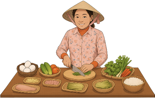Bà cô, thái hành, phụ nữ, nguyên liệu nấu ăn, trứng, thịt, rau, nón lá, bàn, aunt, slicing onions, woman, cooking ingredients, eggs, meat, vegetables, conical hat, table