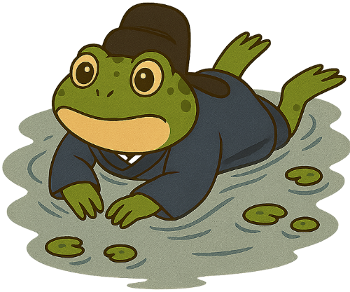 Ếch, bơi, lá sen, việt phục, ao, dễ thương, frog, swimming, lotus leaf, traditional Vietnamese attire, pond, cute