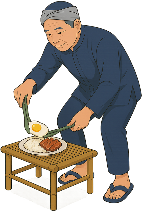 Ông chú, làm cơm, đàn ông, trứng, đĩa cơm, bàn tre, kéo, kẹp gắp thức ăn, uncle, preparing rice, man, egg, rice plate, bamboo table, scissors, food tongs