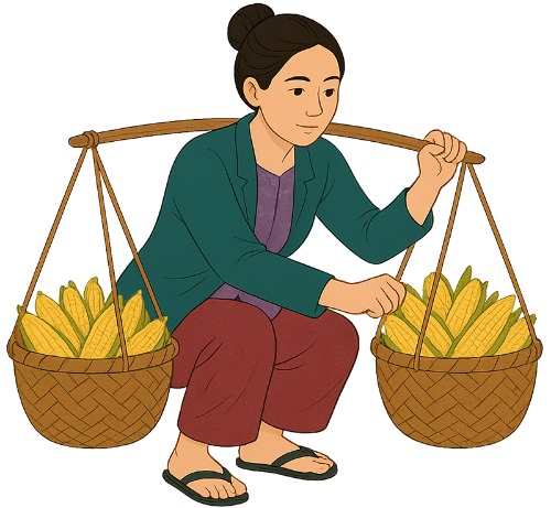 Cô gái, gánh hàng, phụ nữ, đòn gánh, ngô, giỏ ngô, girl, carrying goods, woman, carrying pole, corn, corn basket
