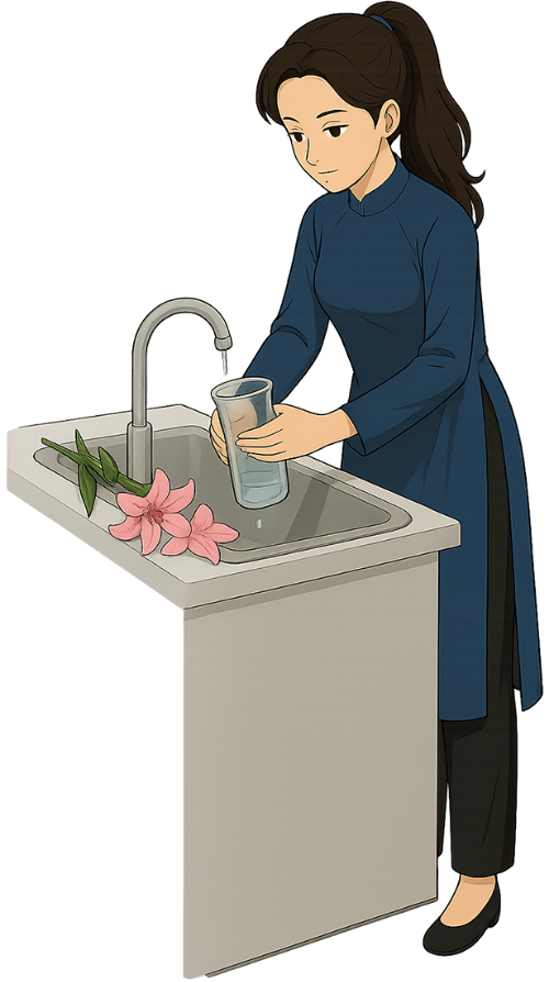 Giáo viên, rửa bình, cô gái, phụ nữ, bồn rửa tay, hoa, teacher, washing vase, girl, woman, sink, flower