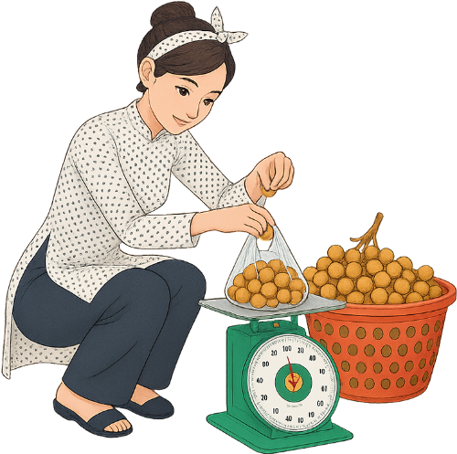 Cô gái, cân đồ, phụ nữ, áo dài, long nhãn, cân, rổ nhựa, young woman, weighing goods, woman, traditional Vietnamese dress (áo dài), longan, scale, plastic basket