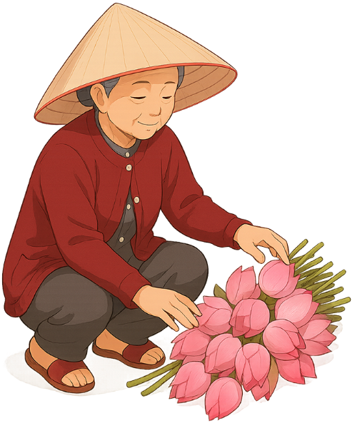 Bà cụ, vui vẻ, phụ nữ, hoa sen, nón lá, old woman, cheerful, woman, lotus flower, conical hat 3