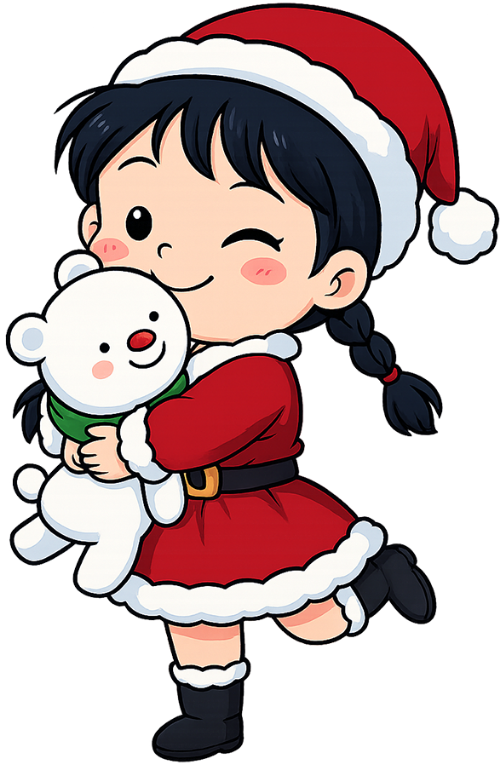 Cô bé, vui vẻ, cô gái, giáng sinh, trang phục giáng sinh, mũ giáng sinh, túi quà giáng sinh, gấu bông, gấu tuyết, little girl, cheerful, young woman, christmas, christmas outfit, santa hat, christmas gift bag, teddy bear, snow bear 3