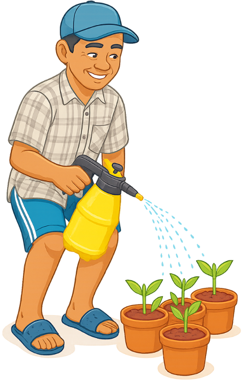 Ông chú, tưới cây, đàn ông, bình phun nước, cây non, chậu cây, uncle, watering plant, man, spray bottle, young plant, potted plant 1