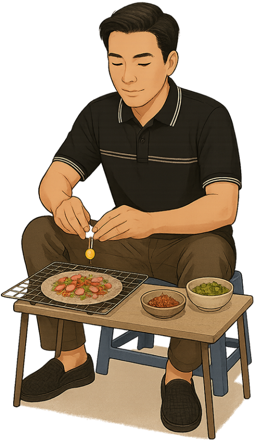 Chàng trai, làm bánh tráng nướng, đàn ông, trứng cút, vỉ nướng, bàn, ghế, young man, making grilled rice paper, man, quail eggs, grill rack, table, chair