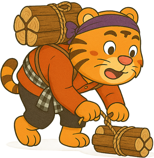 Hổ, gánh củi, buộc dây, bó củi, dây thừng, vui vẻ, dễ thương, tiger, carrying firewood, tying rope, bundle of firewood, rope, cheerful, cute