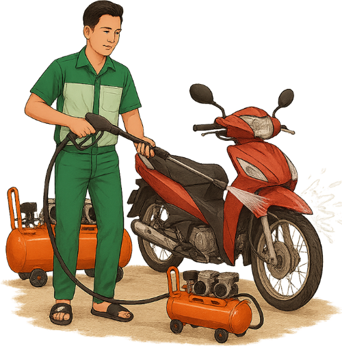 Chàng trai, rửa xe, đàn ông, thợ sửa xe, máy bơm xe, xe máy, xịt rửa xe, young man, washing motorbike, man, mechanic, air pump, motorbike, car wash spray gun