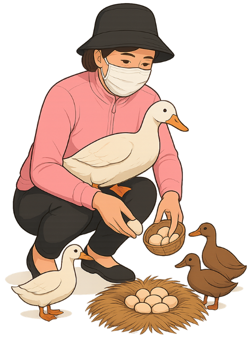 Cô gái, nhặt trứng vịt, phụ nữ, khẩu trang, mũ xô, ổ rơm, vịt, trứng vịt, girl, picking up duck eggs, woman, face mask, bucket hat, straw nest, duck, duck egg