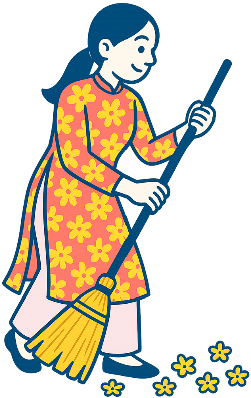 Cô gái, quét dọn, phụ nữ, hoa, vui vẻ, girl, sweeping, woman, flower, cheerful