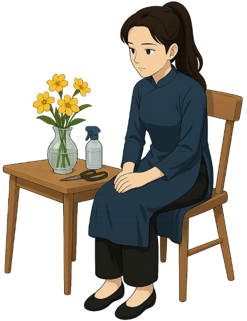 Giáo viên, suy tư, cô gái, phụ nữ, bình hoa, bình nước, bàn, ghế, kéo, teacher, contemplating, girl, woman, vase, water bottle, table, chair, scissors