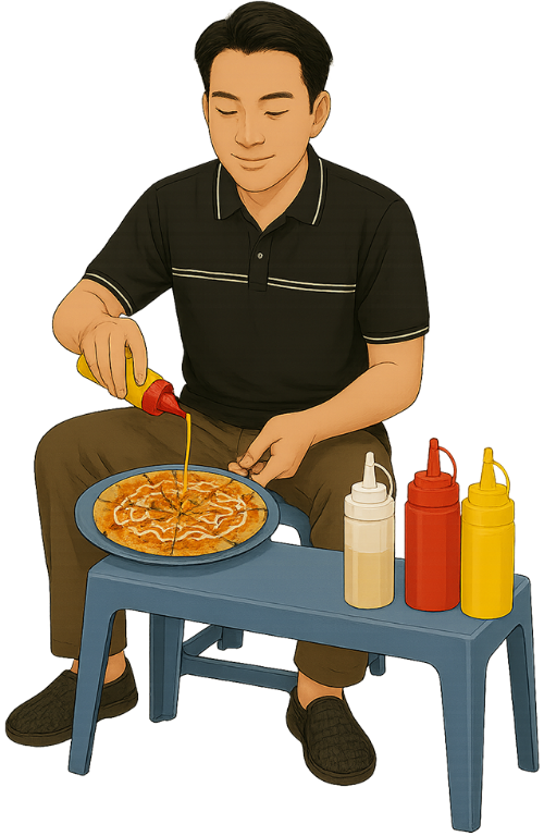 Chàng trai, xịt tương, đàn ông, chai tương, bàn, ghế, đĩa, bánh tráng nướng, young man, squirting sauce, man, sauce bottle, table, chair, plate, grilled rice paper