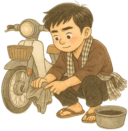Chàng trai, lau dọn, đàn ông, xe máy, thau nước, khăn lau, young man, cleaning, man, motorbike, washbasin, cleaning cloth