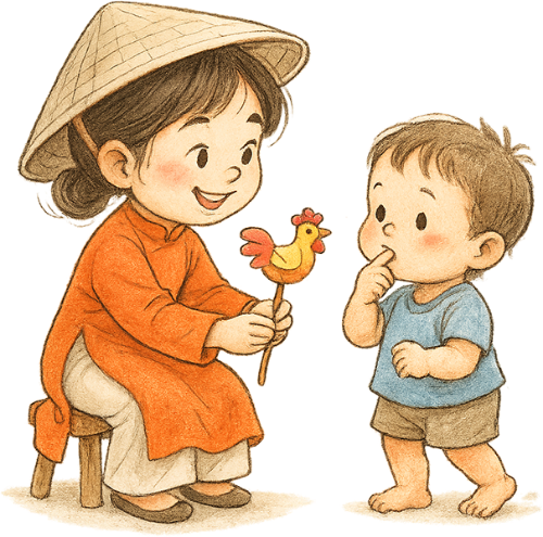 Cô gái, tặng quà, phụ nữ, cậu bé, nón lá, cái ghế, tò he, girl, giving a gift, woman, boy, conical hat, chair, tò he figurine, cute