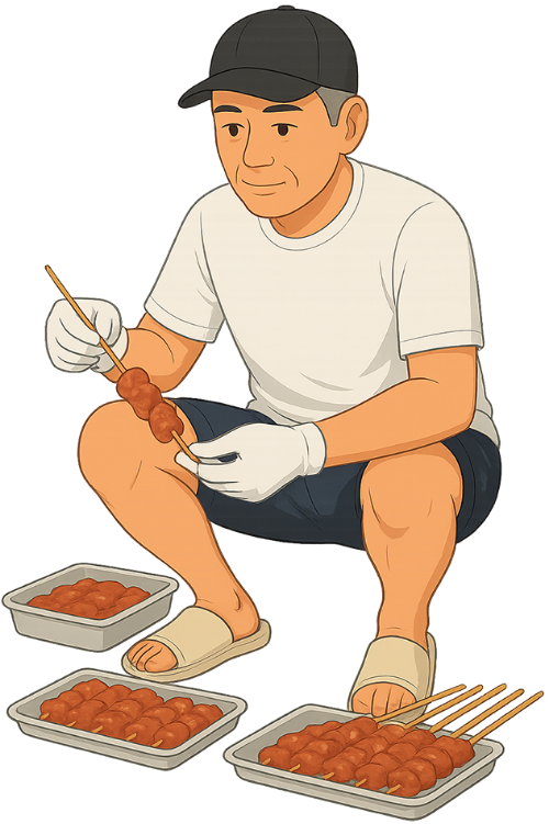 Ông cụ, xiên thịt, đàn ông, xiên tre, thịt, khay, old man, skewering meat, man, bamboo skewer, meat, tray