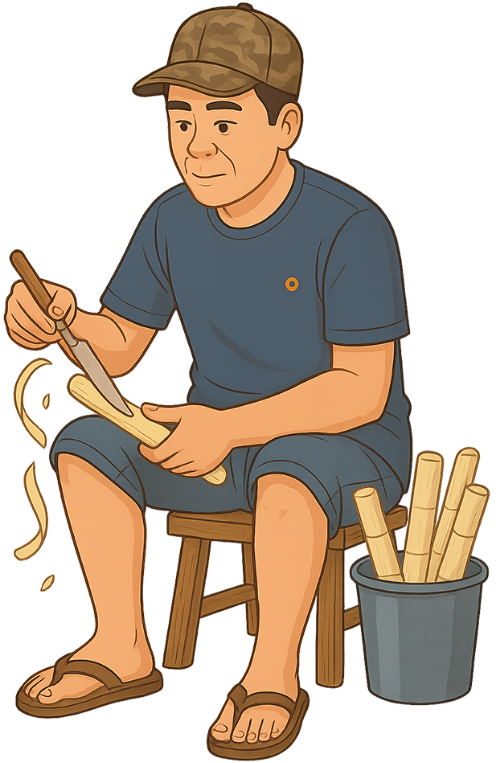 Ông chú, gọt mía, đàn ông, mía, xô, ghế, uncle, peeling sugarcane, man, sugarcane, bucket, chair