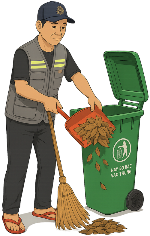 Ông chú, dọn vệ sinh, đàn ông, nhân viên dọn dẹp, nón lưỡi trai, chổi, ky hốt rác, xe rác, uncle, cleaning, man, cleaner, baseball cap, broom, dustpan, garbage cart