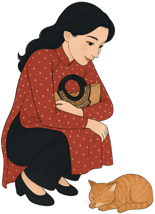 Cô gái, nhìn chăm chú, phụ nữ, túi xách, áo dài, mèo, young woman, gazing intently, woman, handbag, traditional Vietnamese dress (áo dài), cat