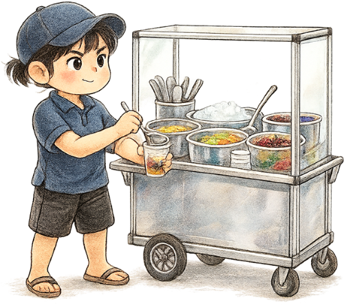 Chàng trai, bán hàng, đàng ông, xe đẩy, vui vẻ, dễ thương, young man, selling goods, man, pushcart, cheerful, cute