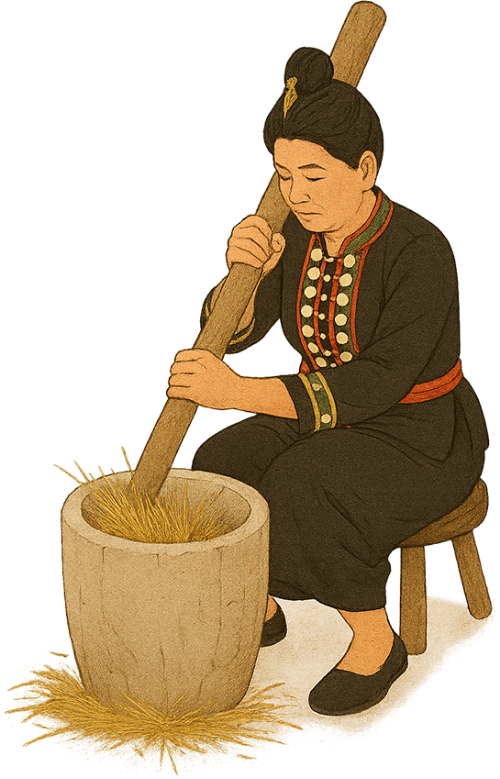 Cô gái, giã lúa, phụ nữ, cối, chày, lúa, ghế, girl, pounding rice, woman, mortar, pestle, rice, chair
