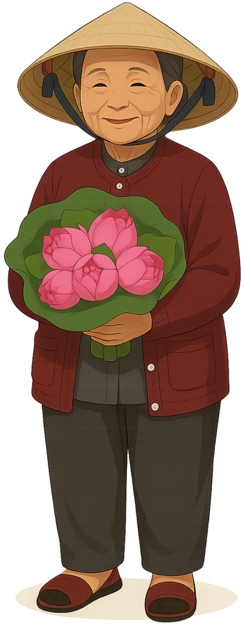 Bà cụ, vui vẻ, phụ nữ, hoa sen, nón lá, old woman, cheerful, woman, lotus flower, conical hat