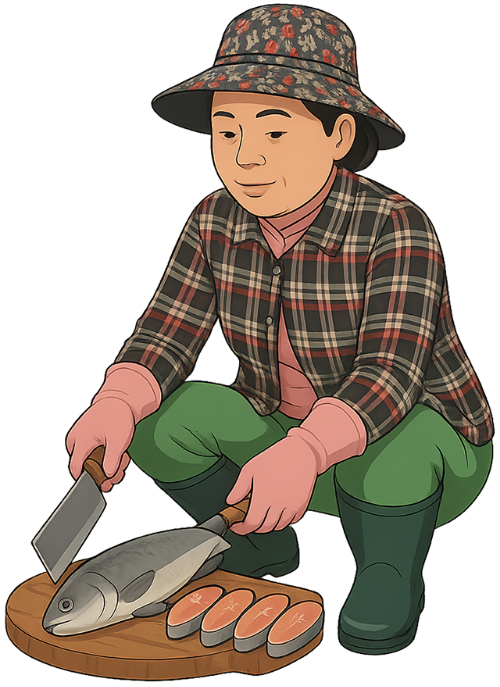 Bà cô, làm cá, phụ nữ, cá, lát cá, dao, thớt, auntie, preparing fish, woman, fish, fish slice, knife, cutting board
