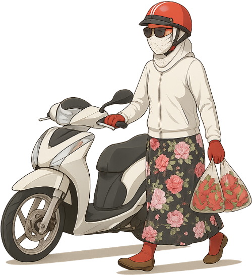 Cô gái, dắt xe, phụ nữ, mũ bảo hiểm, đồ chống nắng, xe máy, thanh long, girl, walking motorcycle, woman, helmet, sun protection clothing, motorbike, dragon fruit