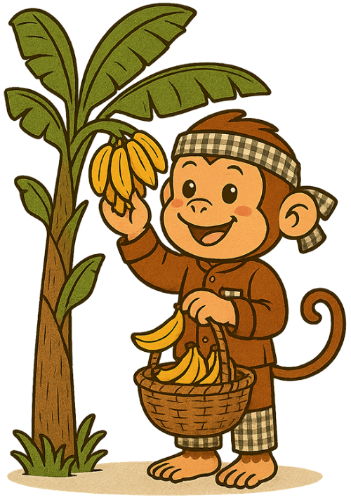 Khỉ, hái chuối, áo bà ba, giỏ mây, cây chuối, dễ thương, monkey, picking bananas, ao ba ba, rattan basket, banana tree, cute