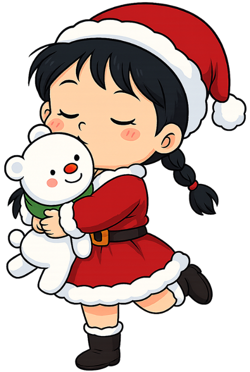 Cô bé, vui vẻ, cô gái, giáng sinh, trang phục giáng sinh, mũ giáng sinh, túi quà giáng sinh, gấu bông, gấu tuyết, little girl, cheerful, young woman, christmas, christmas outfit, santa hat, christmas gift bag, teddy bear, snow bear 1