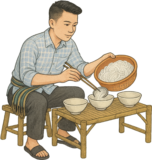 Chàng trai, chia bún, đàn ông, bún, rổ, rổ nhựa, bát, đũa, bàn, ghế, young man, portioning rice noodles, man, rice noodles, basket, plastic basket, bowl, chopsticks, table, chair 4
