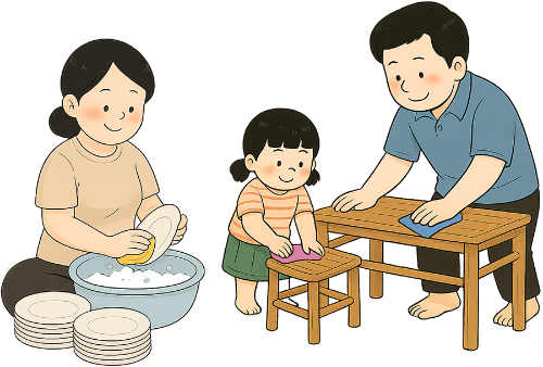 Gia đình, dọn dẹp, cha, mẹ, con gái, vui vẻ, đĩa, thau, bàn, ghế, khăn, family, cleaning up, father, mother, daughter, cheerful, plate, basin, table, chair, towel