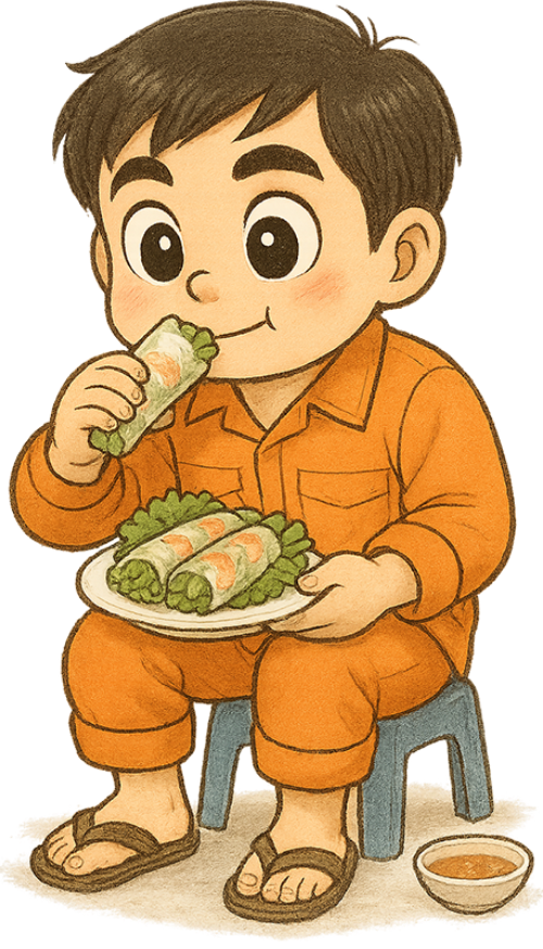 Thợ điện, ăn, chàng trai, gỏi cuốn, ghế, ghế nhựa, dễ thương, electrician, eating, young man, fresh spring rolls, chair, plastic chair, cute