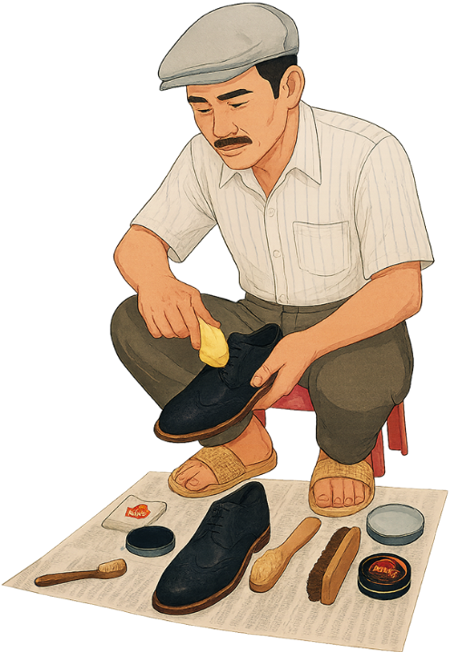 Ông chú, đánh giày, đàn ông, giày, ghế, dụng cụ đánh giày, bàn chải, kem, uncle, shining shoes, man, shoes, chair, shoe shining tools, brush, cream 3