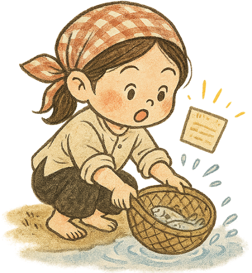 Cô gái, vớt cá, phụ nữ, con cá, tờ giấy, dễ thương, girl, scooping fish, woman, fish, paper, cute
