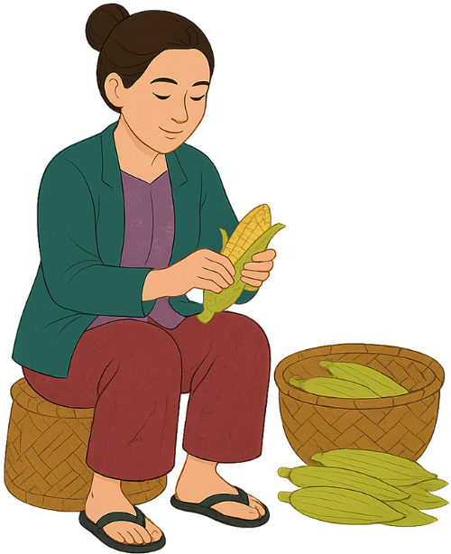 Cô gái, bóc vỏ ngô, phụ nữ, rổ tre, ghế, girl, peeling corn, woman, bamboo basket, chair
