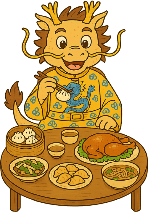 Rồng, ăn uống, long bào, bàn tiệc, gà, há cảo, mỳ, đũa, dễ thương, dragon, eating, imperial robe, banquet table, chicken, dim sum, noodles, chopsticks, cute 2