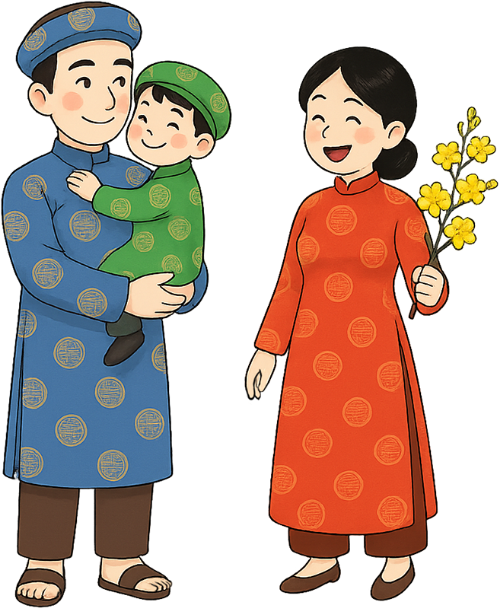 Gia đình, đi dạo, cha, mẹ, con trai, áo dài, vui vẻ, cành mai, family, walking, father, mother, son, ao dai, cheerful, apricot branch