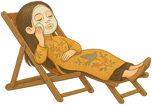Cô gái, đắp mặt nạ, phụ nữ, vui vẻ, dưỡng da, ghế gập, girl, applying face mask, woman, cheerful, skincare, folding chair