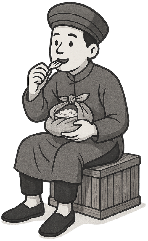 Chàng trai, ăn cơm, đàn ông, vui vẻ, túi, túi đồ, thùng gỗ, young man, eating, man, cheerful, bag, shopping bag, wooden box