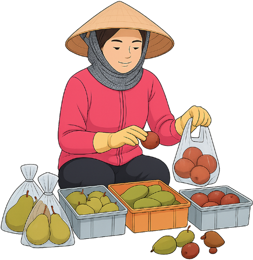 Cô gái, phân loại trái cây, phụ nữ, khẩu trang, nón lá, bịch trái cây, hộp đựng, girl, sorting fruit, woman, face mask, conical hat, fruit bag, container