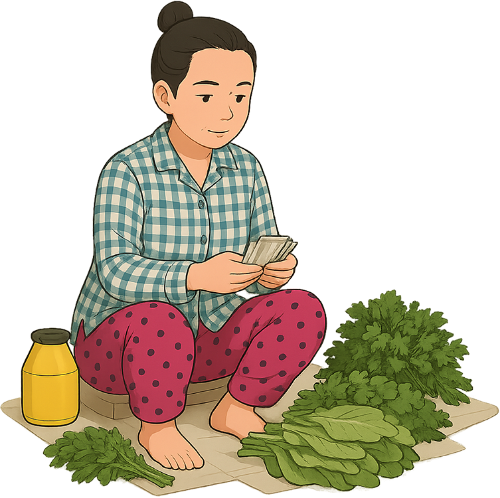 Bà cô, thối tiền, phụ nữ, rau, bình tưới, aunt, giving change, woman, vegetables, watering can