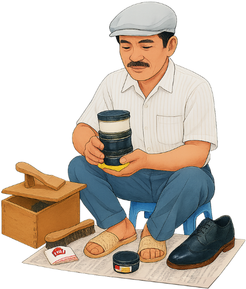 Ông chú, đánh giày, đàn ông, giày, ghế, dụng cụ đánh giày, bàn chải, kem, uncle, shining shoes, man, shoes, chair, shoe shining tools, brush, cream 1