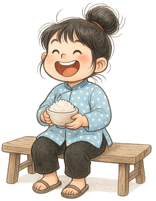 Cô gái, ăn cơm, cô bé, vui vẻ, chén cơm, ghế gỗ, girl, eating rice, little girl, cheerful, bowl of rice, wooden chair