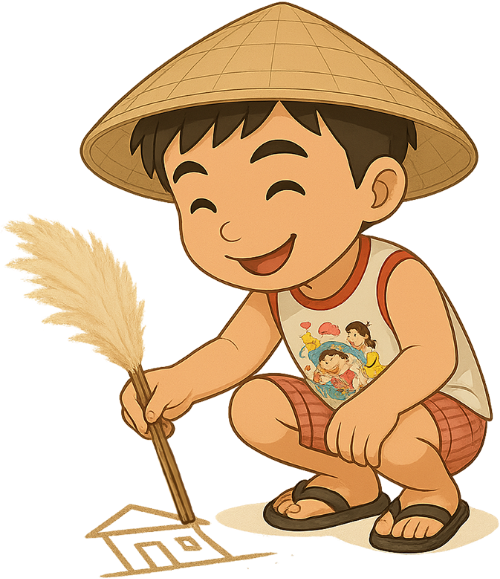 Cậu bé, vẽ, chàng trai, vui vẻ, cây lau, nón lá, dễ thương, boy, drawing, young man, cheerful, mop, conical hat, cute