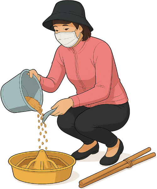 Cô gái, trộn thức ăn, phụ nữ, khẩu trang, mũ xô, xô nhựa, thau thức ăn chuyên dụng, girl, mixing food, woman, face mask, bucket hat, plastic bucket, specialized food basin