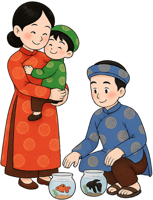 Gia đình, đi dạo, cha, mẹ, con trai, áo dài, vui vẻ, cành đào, cá cảnh, chậu cá, family, walking, father, mother, son, ao dai, cheerful, peach branch, ornamental fish, fish tank