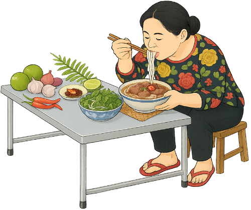 Bà cô, ăn bún bò, phụ nữ, bát bún, nguyên liệu, bàn, ghế, aunt, eating beef noodle soup, woman, bowl of rice noodles, ingredients, table, chair