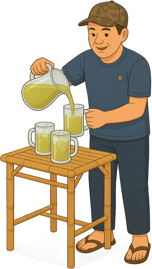 Ông chú, đổ nước mía, đàn ông, ly, ca nước, bàn tre, uncle, pouring sugarcane juice, man, glass, water jug, bamboo table